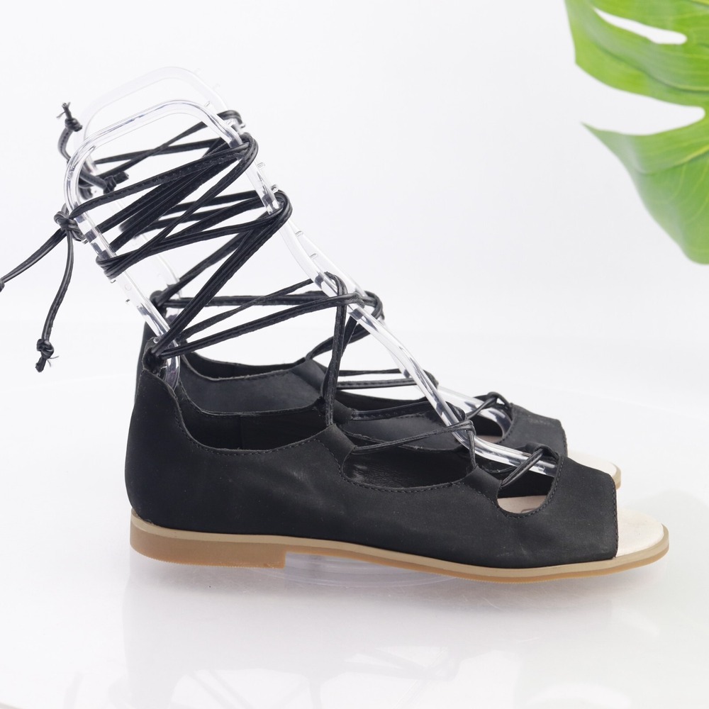 J JIll Womens Sandals Size 6.5  Black Leather Flat Ankle Wrap Tie Open Toe Shoes